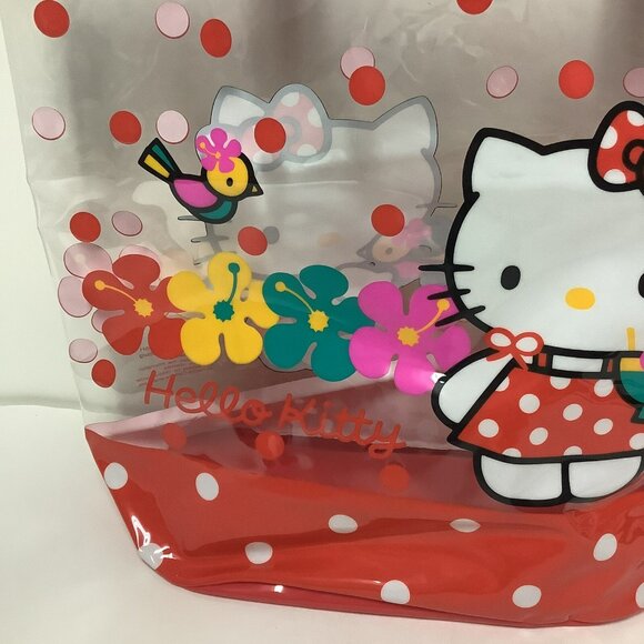 Vintage 1995 Hello Kitty Clear Plastic Tote Bag Red Dots Tropical Flowers Birds - Picture 14 of 16